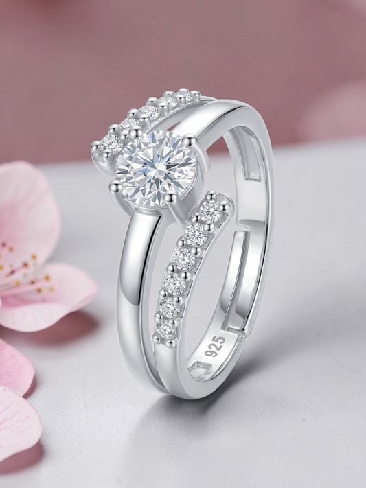 925 Sterling Silver Adjustable Ring for Girls & Women | 5MMAAA+ Cubic Zirconia Rhodium Plated Ring