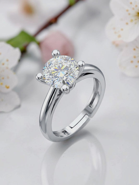925 Sterling Silver Adjustable Ring for Women | 6MM AAA+ Cubic Zirconia Solitaire Ring for Women