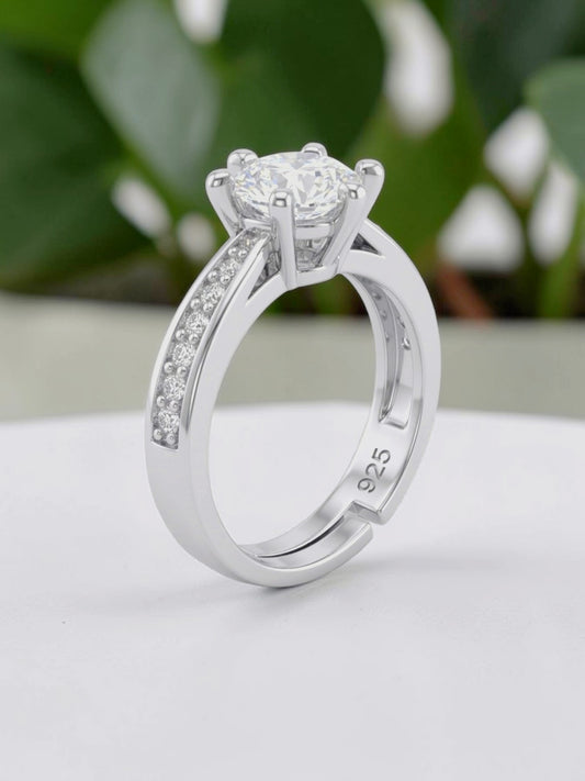 925 Pure Sterling Silver Ring for Women | 6MM AAA+ Cubic Zirconia, Adjustable, Solitaire Ring for Woman