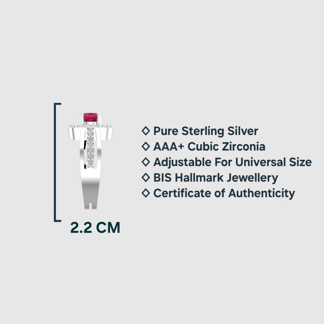 Pure 925 Sterling Silver Ring for Women | Adjustable Cubic Crystal Ruby Ring | Cubic Zirconia, Rhodium Plated Ring