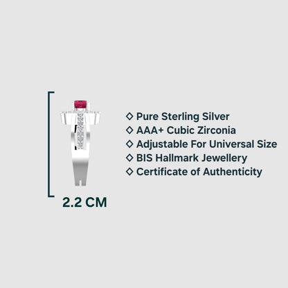Pure 925 Sterling Silver Ring for Women | Adjustable Cubic Crystal Ruby Ring | Cubic Zirconia, Rhodium Plated Ring