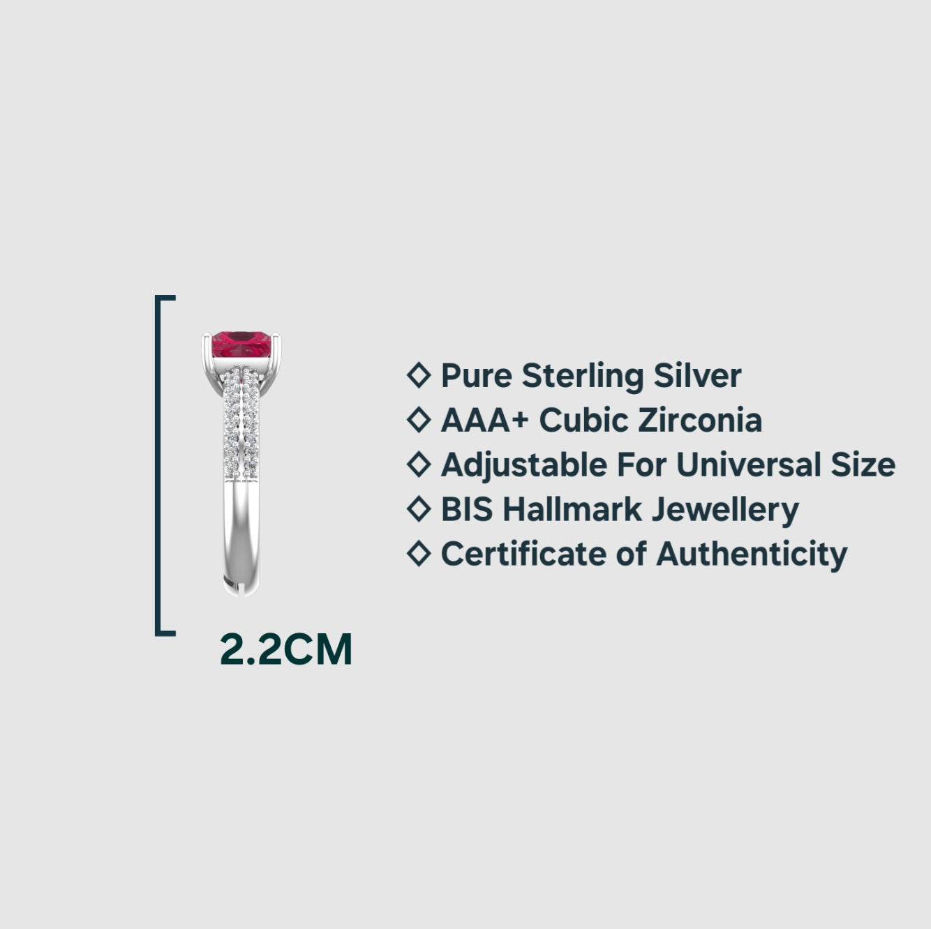 Pure 925 Sterling Silver Ring for Women | Rhodium Plated Adjustable Crystal Ruby Ring