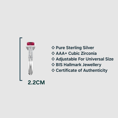 Pure 925 Sterling Silver Ring for Women | Rhodium Plated Adjustable Crystal Ruby Ring