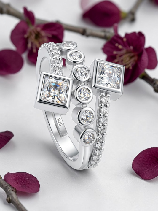 Pure 925 Sterling Silver Ring for Women | Adjustable Ring for Girls | Square AAA+ Cubic Zirconia Rhodium Plated Ring