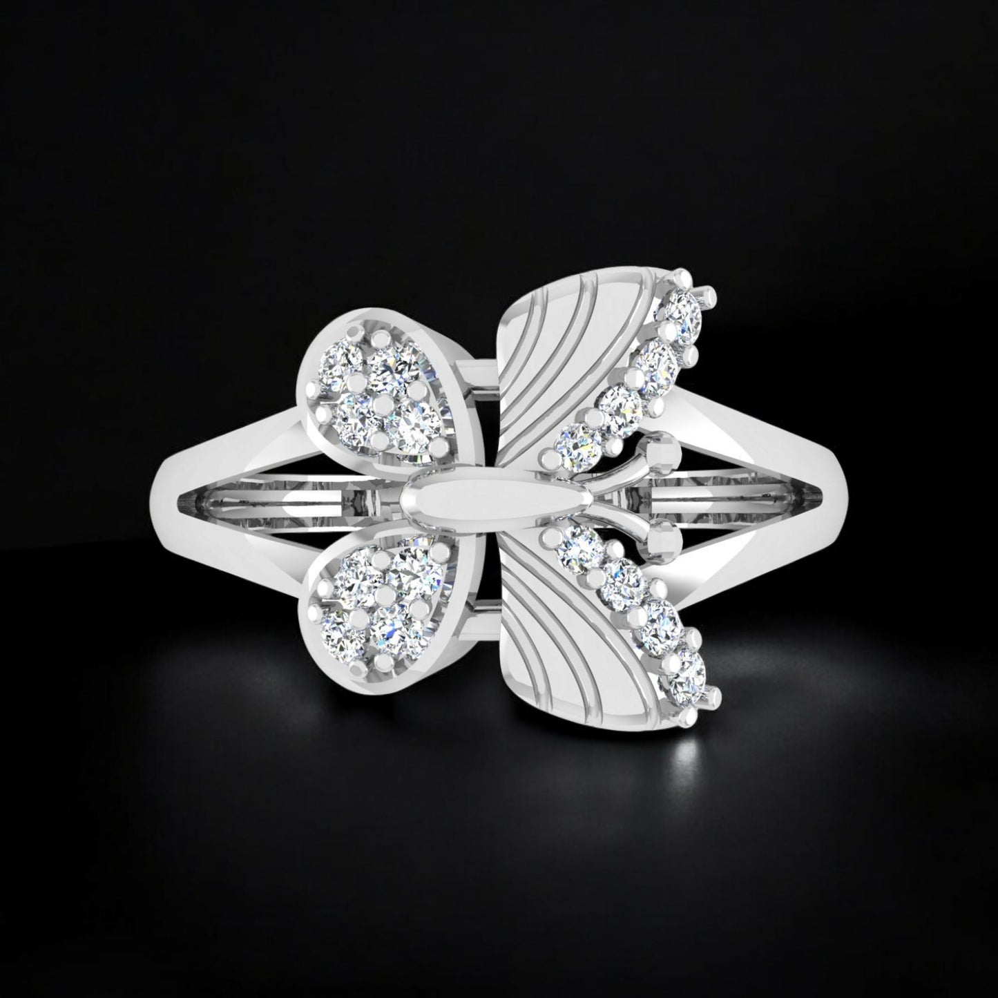 925 Sterling Silver Adjustable Rhodium Plated Cubic Zirconia Butterfly Ring for Woman
