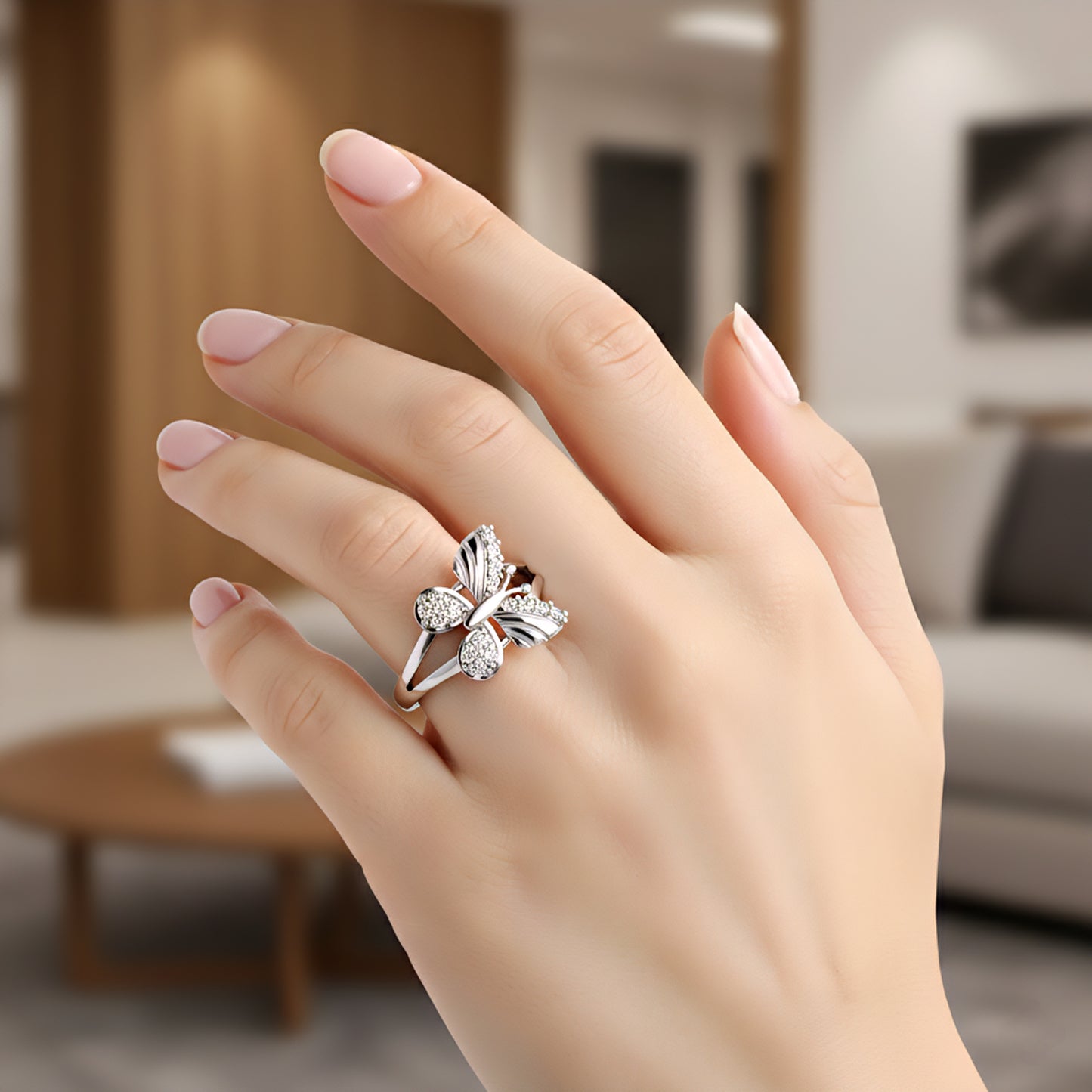 925 Sterling Silver Adjustable Rhodium Plated Cubic Zirconia Butterfly Ring for Woman