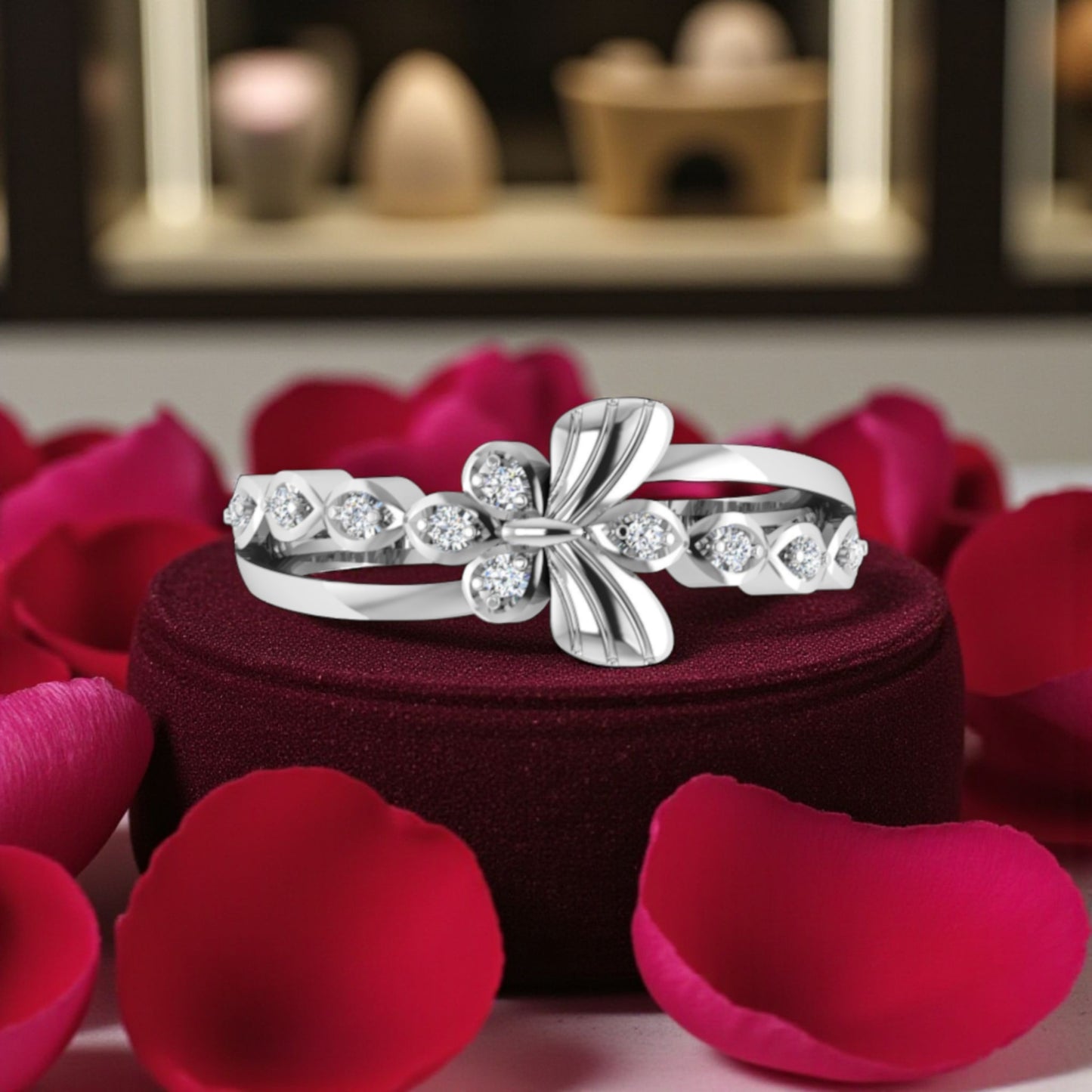 Pure 925 Sterling Silver Adjustable Cubic Zirconia Rhodium Plated Fling Butterfly Ring for Women