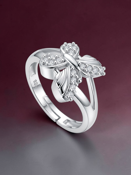925 Sterling Silver Butterfly Ring for Woman | Adjustable AAA+ Cubic Zirconia Rhodium Plated Ring