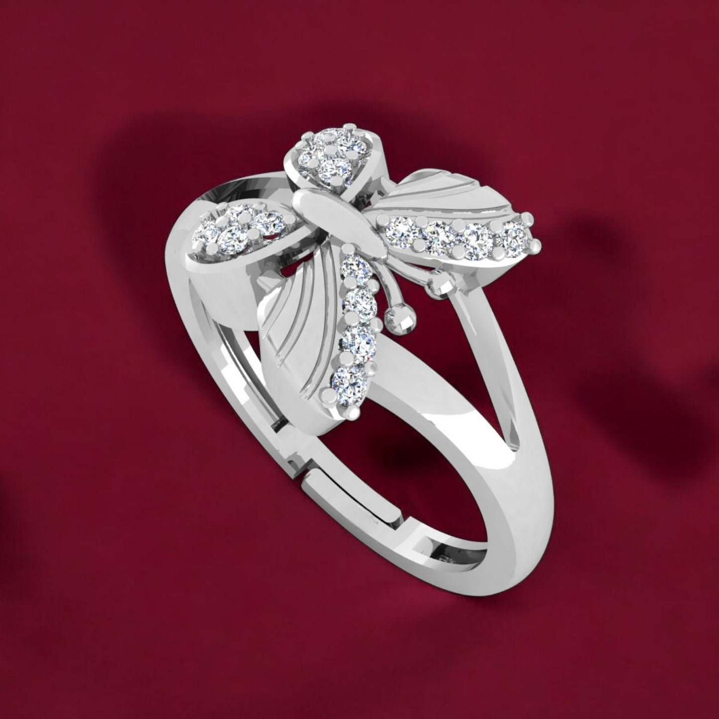 925 Sterling Silver Adjustable Rhodium Plated Cubic Zirconia Butterfly Ring for Woman