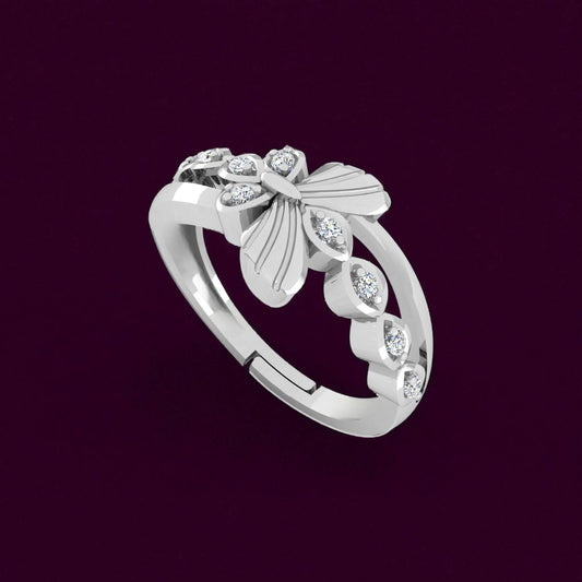 Pure 925 Sterling Silver Adjustable Cubic Zirconia Rhodium Plated Fling Butterfly Ring for Women