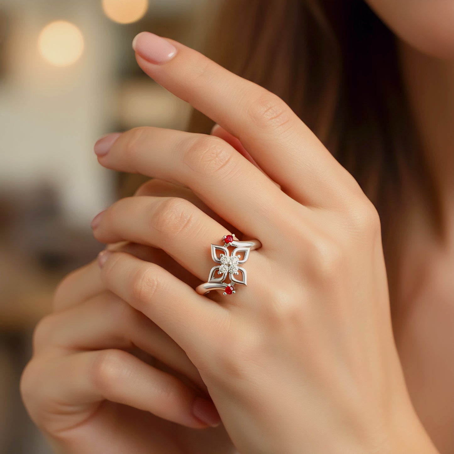 Sterling Silver Ring for Women | Ruby Touch Adjustable Cubic Zirconia Rhodium Plated Ring for Girls