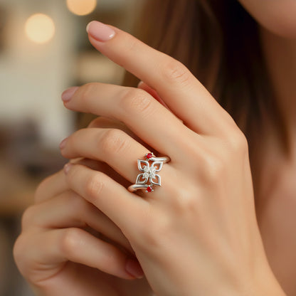 Sterling Silver Ring for Women | Ruby Touch Adjustable Cubic Zirconia Rhodium Plated Ring for Girls