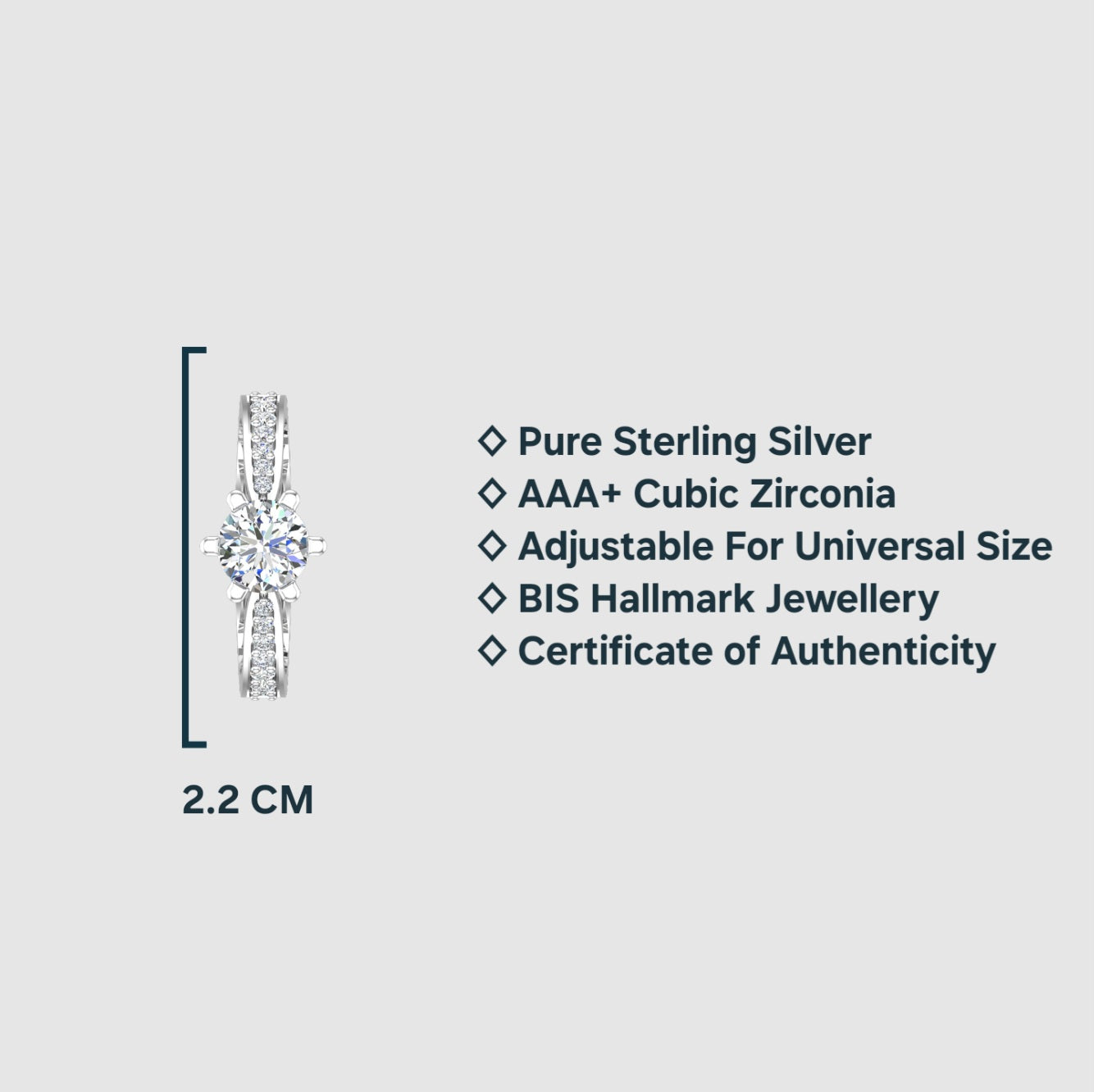 925 Pure Sterling Silver Adjustable Solitaire Ring for Woman