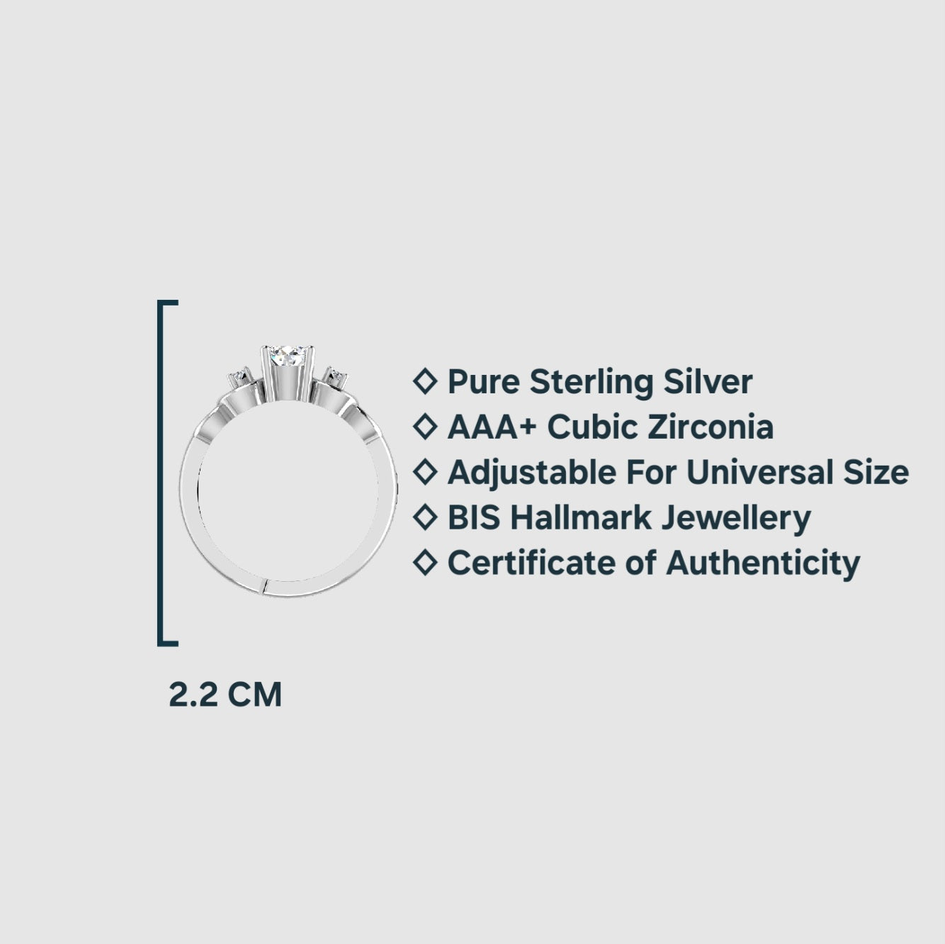 Pure 925 Sterling Silver Adjustable AAA+ Cubic Zirconia Rhodium Plated Ring