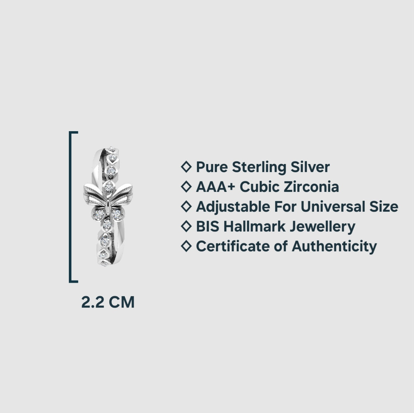 Pure 925 Sterling Silver Adjustable Cubic Zirconia Rhodium Plated Fling Butterfly Ring for Women