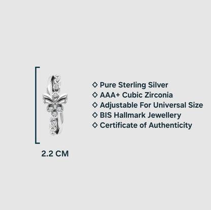 Pure 925 Sterling Silver Adjustable Cubic Zirconia Rhodium Plated Fling Butterfly Ring for Women
