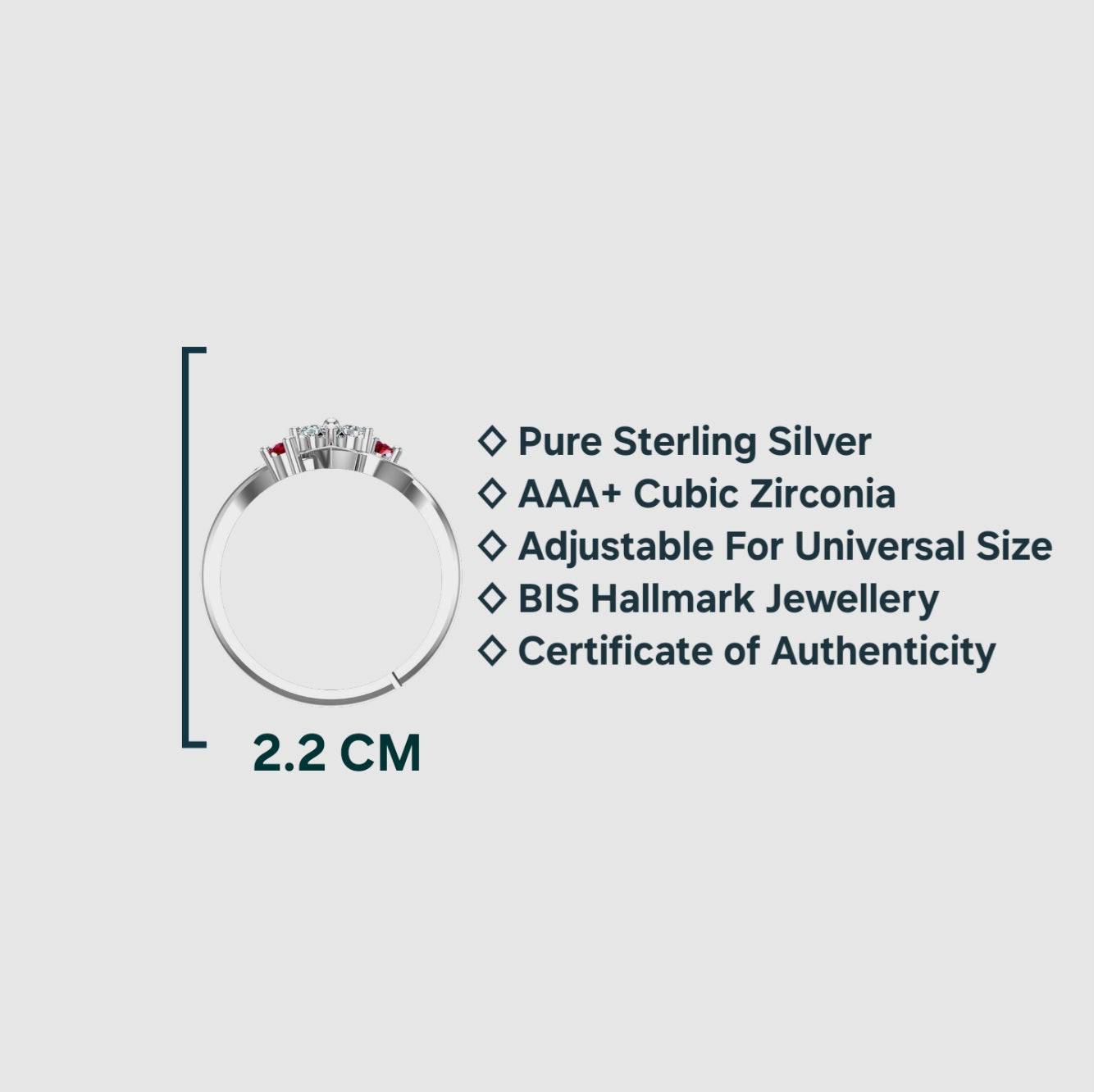 Sterling Silver Ring for Women | Ruby Touch Adjustable Cubic Zirconia Rhodium Plated Ring for Girls