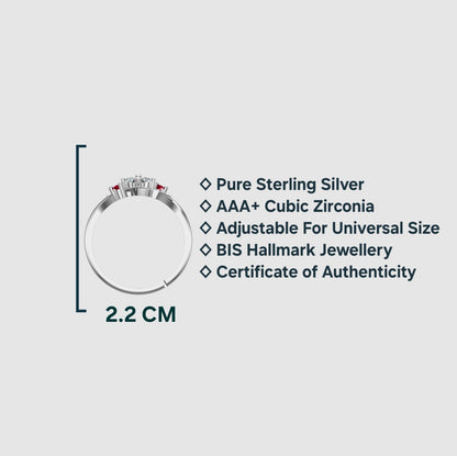 Sterling Silver Ring for Women | Ruby Touch Adjustable Cubic Zirconia Rhodium Plated Ring for Girls